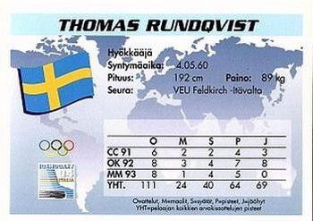 1994 Semic Jääkiekkokortit Keräilysarja (Finnish) #69 Thomas Rundqvist Back