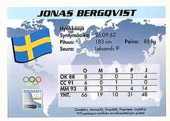 1994 Semic Jääkiekkokortit Keräilysarja (Finnish) #73 Jonas Bergqvist Back