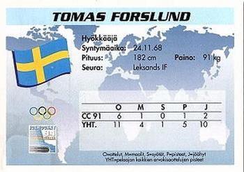 1994 Semic Jääkiekkokortit Keräilysarja (Finnish) #77 Tomas Forslund Back