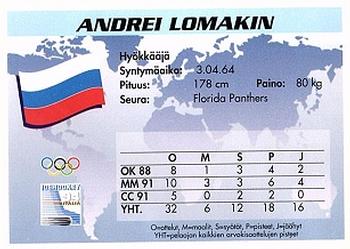 1994 Semic Jääkiekkokortit Keräilysarja (Finnish) #160 Andrei Lomakin Back