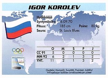 1994 Semic Jääkiekkokortit Keräilysarja (Finnish) #161 Igor Korolev Back