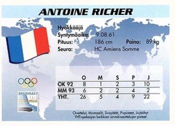 1994 Semic Jääkiekkokortit Keräilysarja (Finnish) #224 Antoine Richer Back