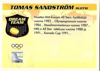 1994 Semic Jääkiekkokortit Keräilysarja (Finnish) #354 Tomas Sandstrom Back