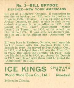 1933-34 World Wide Gum Ice Kings (V357) #2 Bill Brydge Back