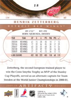 2009-10 Upper Deck Artifacts #18 Henrik Zetterberg Back