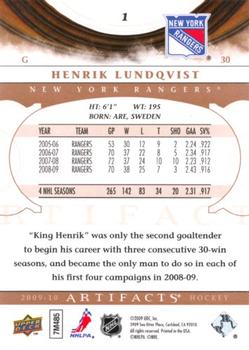 2009-10 Upper Deck Artifacts #1 Henrik Lundqvist Back
