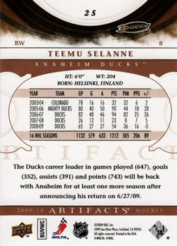 2009-10 Upper Deck Artifacts #25 Teemu Selanne Back