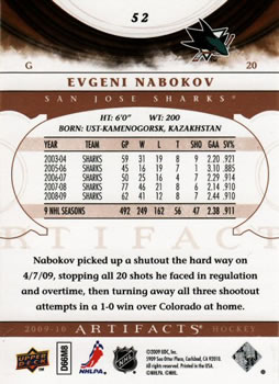 2009-10 Upper Deck Artifacts #52 Evgeni Nabokov Back