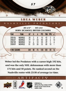 2009-10 Upper Deck Artifacts #57 Shea Weber Back