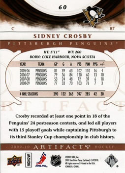 2009-10 Upper Deck Artifacts #60 Sidney Crosby Back