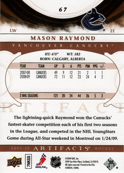 2009-10 Upper Deck Artifacts #67 Mason Raymond Back