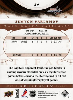 2009-10 Upper Deck Artifacts #89 Semyon Varlamov Back