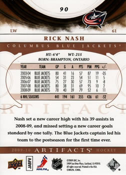 2009-10 Upper Deck Artifacts #90 Rick Nash Back