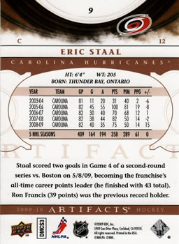 2009-10 Upper Deck Artifacts #9 Eric Staal Back