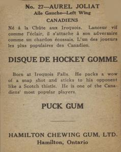 1933-34 Hamilton Gum (V288) #27 Aurel Joliat Back