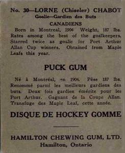 1933-34 Hamilton Gum (V288) #30 Lorne Chabot Back