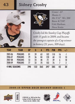 2009-10 Upper Deck #43 Sidney Crosby Back
