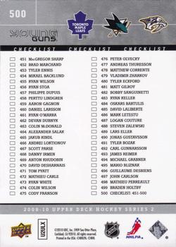 2009-10 Upper Deck #500 Young Guns Checklist (Jonas Gustavsson / Logan Couture / Colin Wilson) Back