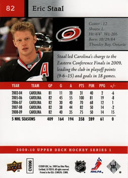 2009-10 Upper Deck #82 Eric Staal Back
