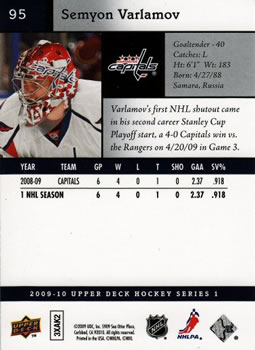 2009-10 Upper Deck #95 Semyon Varlamov Back