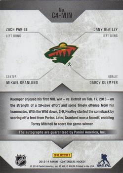 2013-14 Panini Contenders - Fours Autographs #C4-MIN Dany Heatley / Darcy Kuemper / Mikael Granlund / Zach Parise Back