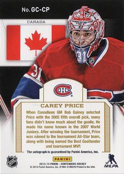 2013-14 Panini Contenders - Global Contenders Autographs #GC-CP Carey Price Back