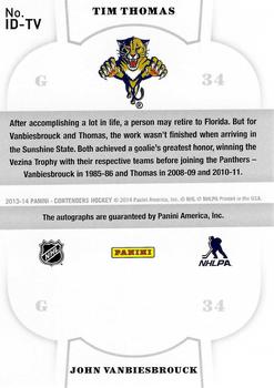 2013-14 Panini Contenders - NHL Ink Duals #ID-TV Tim Thomas / John Vanbiesbrouck Back