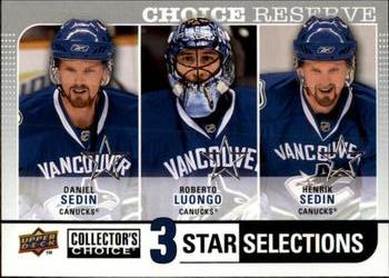 2008-09 Collector's Choice - Choice Reserve #279 Daniel Sedin / Roberto Luongo / Henrik Sedin Front