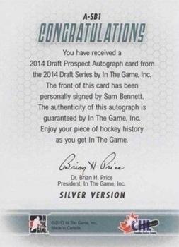 2014 In The Game Draft Prospects - Autographs #A-SB1 Sam Bennett Back