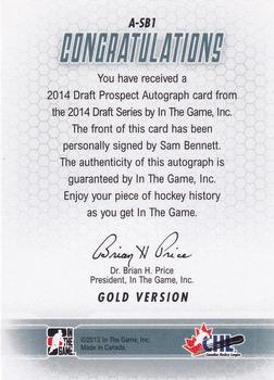 2014 In The Game Draft Prospects - Autographs Gold #A-SB1 Sam Bennett Back