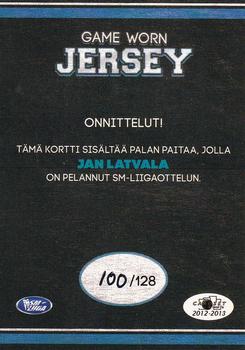 2012-13 Cardset Finland - Game Worn Jersey Series 1 Exchange #NNO Jan Latvala Back