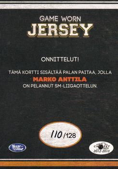 2012-13 Cardset Finland - Game Worn Jersey Series 1 Exchange #NNO Marko Anttila Back