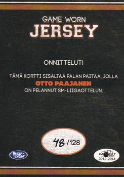 2012-13 Cardset Finland - Game Worn Jersey Series 1 Exchange #NNO Otto Paajanen Back