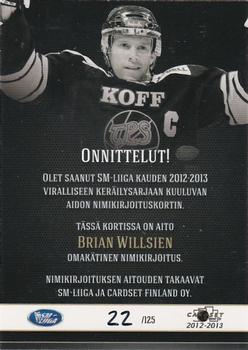 2012-13 Cardset Finland - Signature #NNO Brian Willsie Back