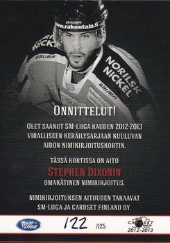 2012-13 Cardset Finland - Signature #NNO Stephen Dixon Back