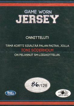 2012-13 Cardset Finland - Game Worn Jersey Series 2 Exchange #NNO Toni Söderholm Back