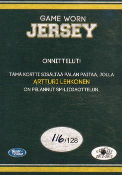2012-13 Cardset Finland - Game Worn Jersey Series 2 Exchange #NNO Artturi Lehkonen Back