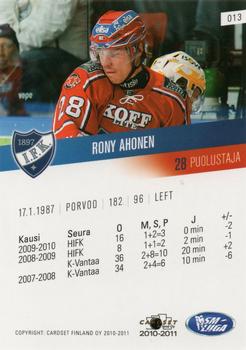 2010-11 Cardset Finland #013 Rony Ahonen Back