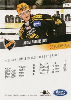 2010-11 Cardset Finland #074 Adam Andersson Back