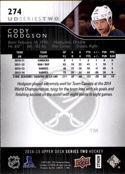 2014-15 Upper Deck #274 Cody Hodgson Back