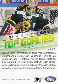 2010-11 Cardset Finland - Top Goalies #TG9 Jani Hurme Back