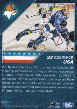 2010-11 Cardset Finland - International Stars #IS1 Justin Morrison Back
