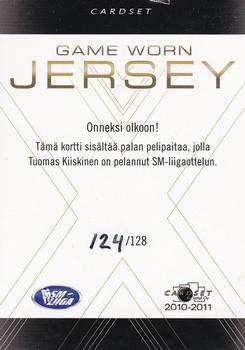 2010-11 Cardset Finland - Game Worn Jersey Series 1 Exchange #NNO Tuomas Kiiskinen Back