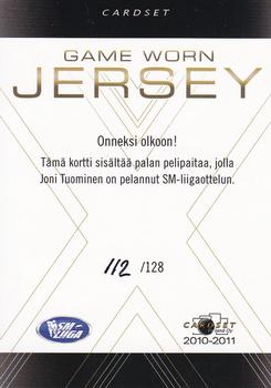 2010-11 Cardset Finland - Game Worn Jersey Series 1 Exchange #NNO Joni Tuominen Back