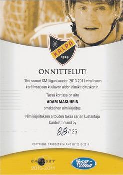 2010-11 Cardset Finland - Signature #NNO Adam Masuhr Back