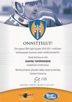 2010-11 Cardset Finland - Signature #NNO Shayne Toporowski Back