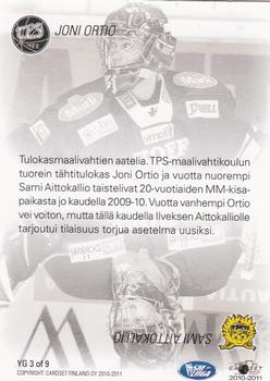 2010-11 Cardset Finland - Young Guns #YG3 Joni Ortio / Sami Aittokallio Back