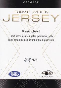 2010-11 Cardset Finland - Game Worn Jersey Series 2 Exchange #NNO Sami Venäläinen Back