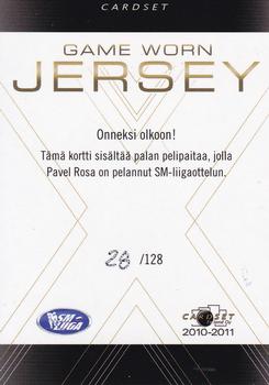 2010-11 Cardset Finland - Game Worn Jersey Series 2 Exchange #NNO Pavel Rosa Back