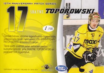 2010-11 Cardset Finland - 12th Anniversary Patch Series 2 Exchange #NNO Shayne Toporowski Back